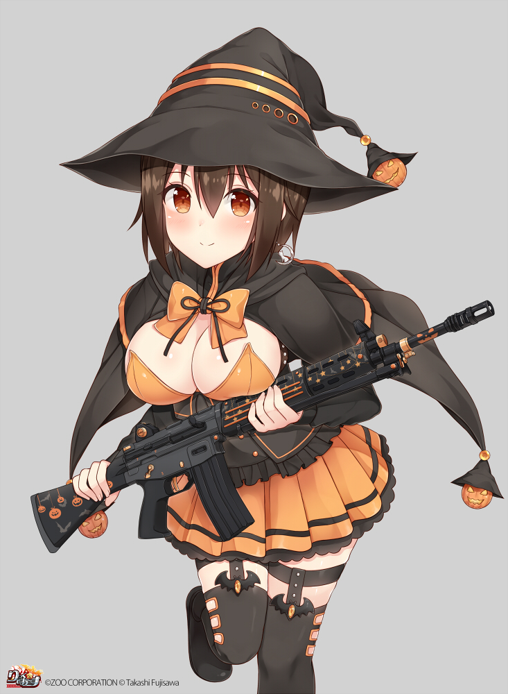 1girl assault_rifle black_hair black_legwear black_ribbon blush bow bowtie breasts brown_eyes cape cleavage closed_mouth copyright_name cowboy_shot frilled_skirt frills gun halloween halloween_costume hat holding holding_gun holding_weapon howa_type_89 jack-o'-lantern large_breasts leaning_forward long_sleeves looking_at_viewer orange_skirt over-kneehighs ribbon rick_g_earth rifle short_hair shuuichi skirt smile solo thigh-highs thigh_strap weapon witch_hat yellow_bow yellow_bowtie