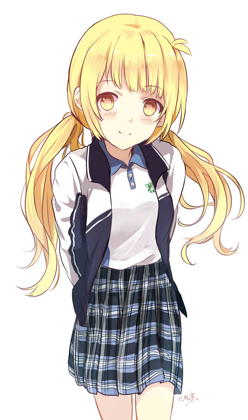 1girl arms_behind_back bangs beifeng_han blonde_hair collared_shirt cyou_shigen highres jacket long_hair looking_at_viewer original plaid plaid_skirt shirt simple_background skirt solo track_jacket twintails white_background yellow_eyes