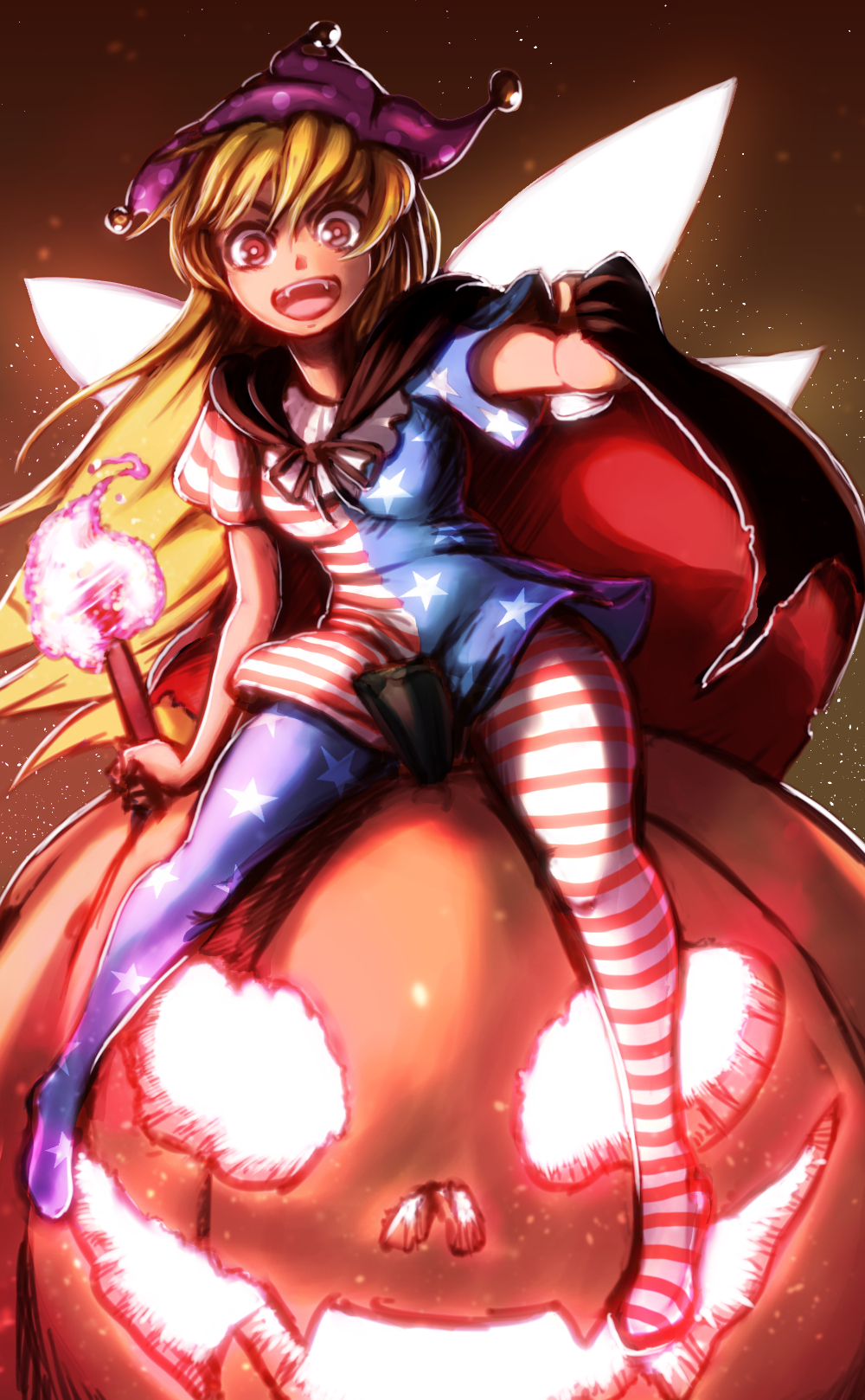 1girl american_flag_dress american_flag_legwear blonde_hair clownpiece don9899 dress fairy_wings fangs fire full_body hat highres jack-o'-lantern jester_cap long_hair looking_at_viewer open_mouth pantyhose polka_dot red_eyes short_dress short_sleeves smile solo star star_print striped teeth torch touhou wings