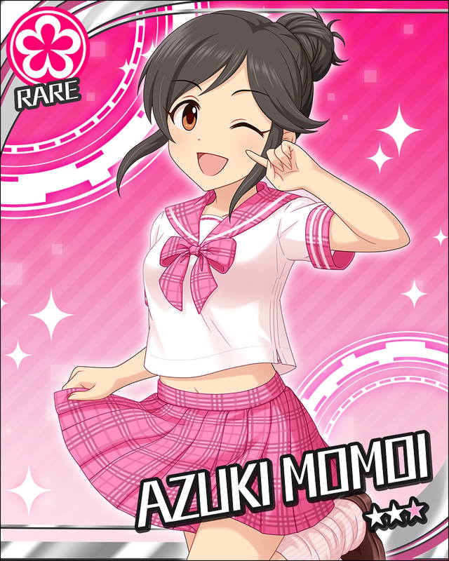 black_ers black_hair blush character_name happy idolmaster idolmaster_cinderella_girls long_hair momoi_azuki odango seifuku stars wink