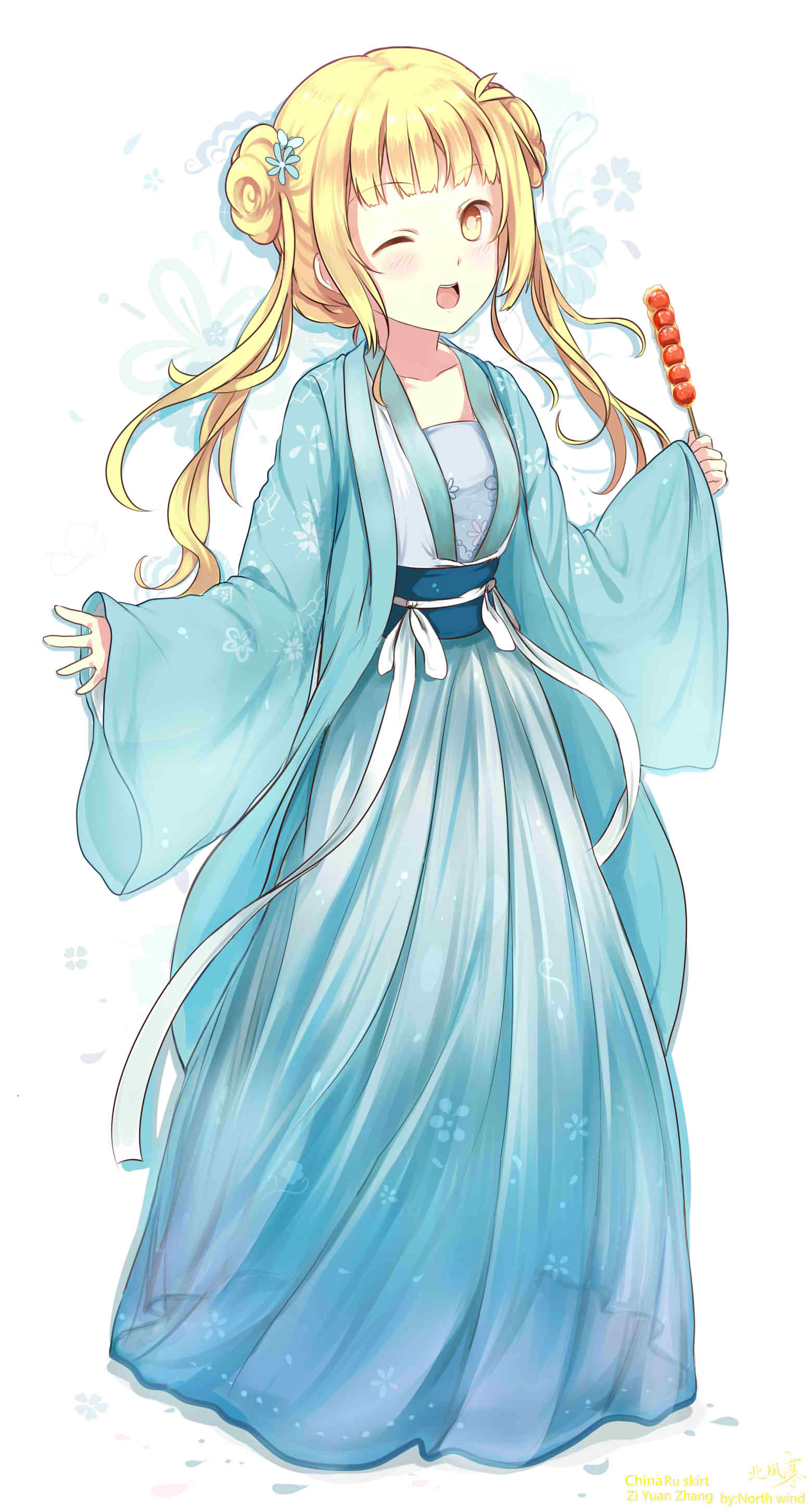 1girl :d absurdres bangs beifeng_han blonde_hair blunt_bangs chinese_clothes cyou_shigen dango flower food hair_flower hair_ornament highres one_eye_closed open_mouth original sash smile solo wagashi yellow_eyes