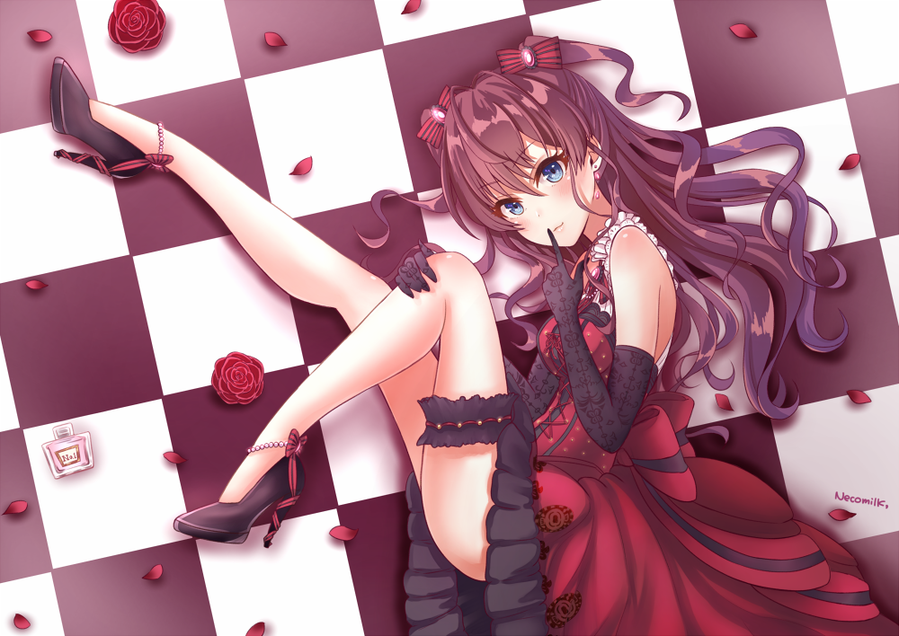 1girl artist_name bare_shoulders black_gloves black_skirt blue_eyes bow commentary_request earrings eyebrows eyebrows_visible_through_hair finger_to_mouth flower gloves hair_between_eyes hair_bow high_heels ichinose_shiki idolmaster idolmaster_cinderella_girls idolmaster_cinderella_girls_starlight_stage jewelry leg_up long_hair looking_at_viewer nekomiruku rose shushing skirt solo striped striped_bow