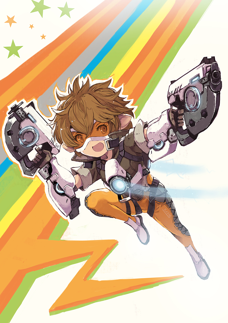 1girl :d bangs blackball bodysuit brown_eyes brown_gloves brown_hair brown_jacket cosplay cropped_jacket dual_wielding gloves goggles granblue_fantasy gun hair_between_eyes harbin holding holding_gun holding_weapon open_mouth outline overwatch pointy_ears shoes short_hair short_sleeves sierokarte simple_background smile solo star tracer_(overwatch) tracer_(overwatch)_(cosplay) weapon white_background white_shoes