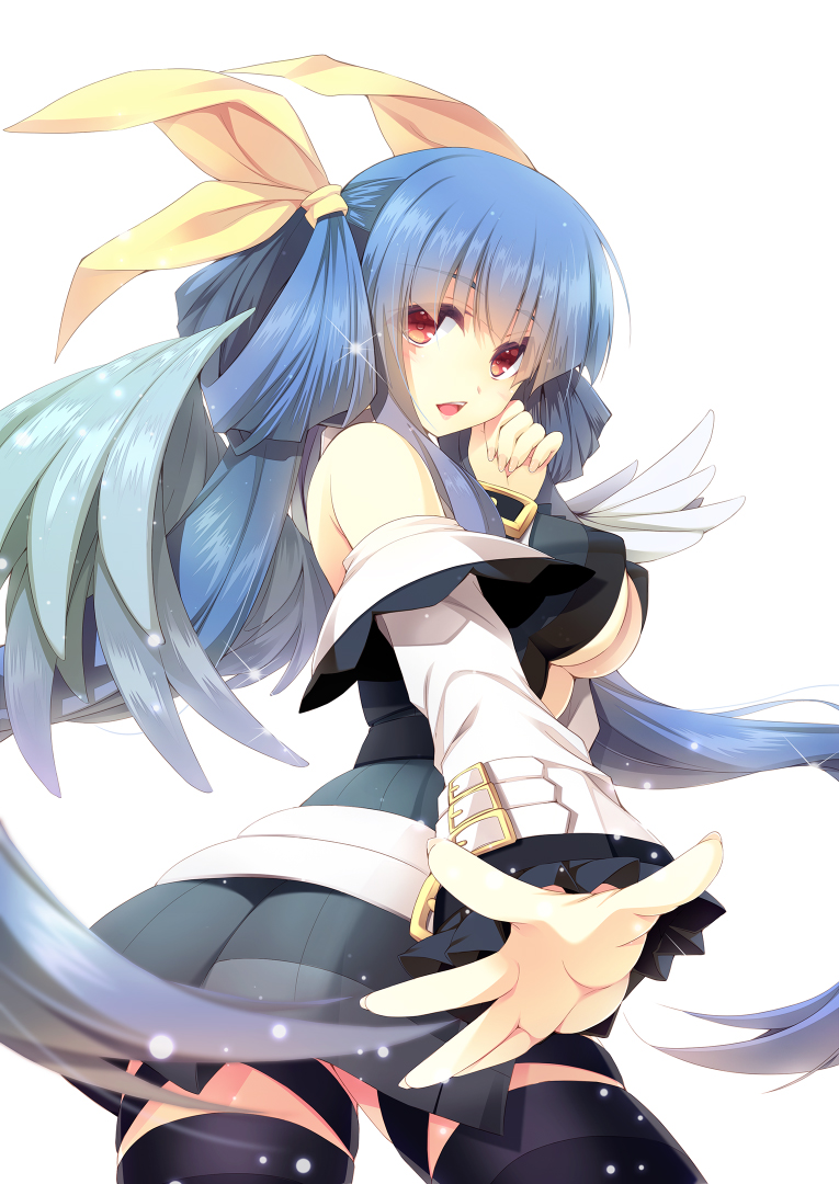 1girl bare_shoulders black_legwear black_skirt blue_hair breasts covered_nipples cowboy_shot detached_sleeves dizzy frilled_sleeves frills from_behind guilty_gear hair_ribbon long_hair long_sleeves looking_at_viewer looking_back medium_breasts open_mouth red_eyes ribbon skirt solo thigh-highs under_boob white_background yellow_ribbon yuuki_makoto_(radiant)