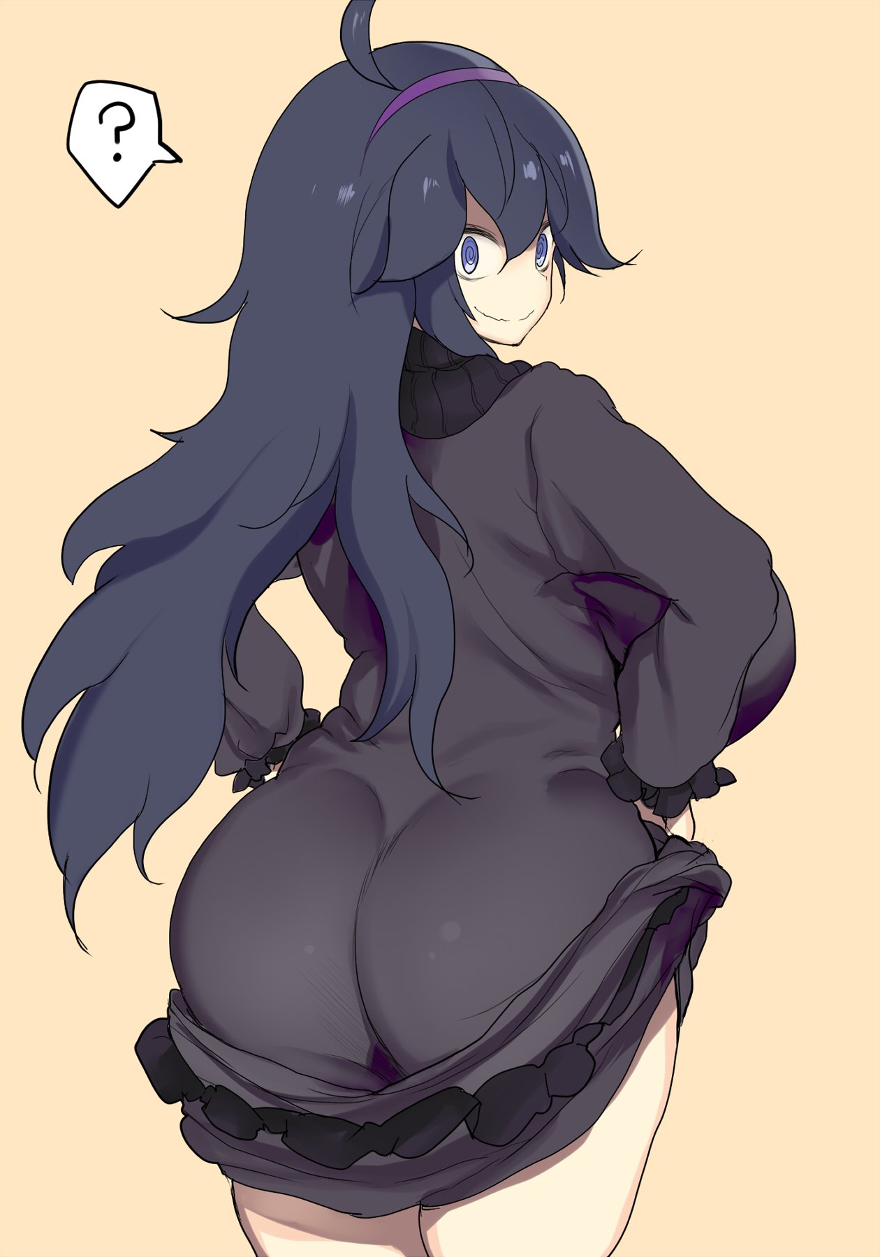 1girl ? ahoge al_bhed_eyes ass bags_under_eyes dress dress_lift from_behind hairband hex_maniac_(pokemon) highres kedamono_kangoku-tou long_hair looking_back messy_hair npc pokemon pokemon_(game) pokemon_xy purple_hair ribbed_sweater smile solo spoken_question_mark sweater violet_eyes wavy_mouth