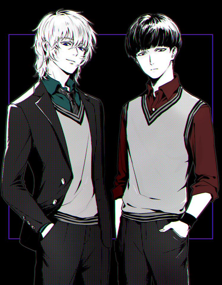 2boys arms_at_sides bangs black_background black_necktie blazer blue_eyes blunt_bangs bowl_cut buttons changye closed_mouth collared_shirt cowboy_shot dress_shirt frown hair_between_eyes hanazawa_teruki hand_in_pocket jacket kageyama_shigeo long_sleeves looking_at_viewer looking_down male_focus mob_psycho_100 multiple_boys necktie older open_blazer open_clothes open_jacket outside_border pants red_shirt shirt sleeves_rolled_up smirk striped striped_necktie sweater unbuttoned wristband