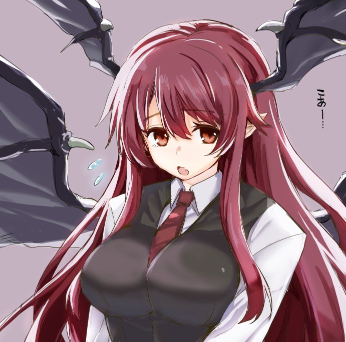 1girl :o bat_wings black_vest breasts collared_shirt dress_shirt fang flying_sweatdrops head_wings koa_(phrase) koakuma large_breasts lefthand long_hair long_sleeves looking_at_viewer necktie pointy_ears purple_background red_eyes red_necktie redhead shirt sidelocks simple_background solo touhou upper_body very_long_hair white_shirt wings