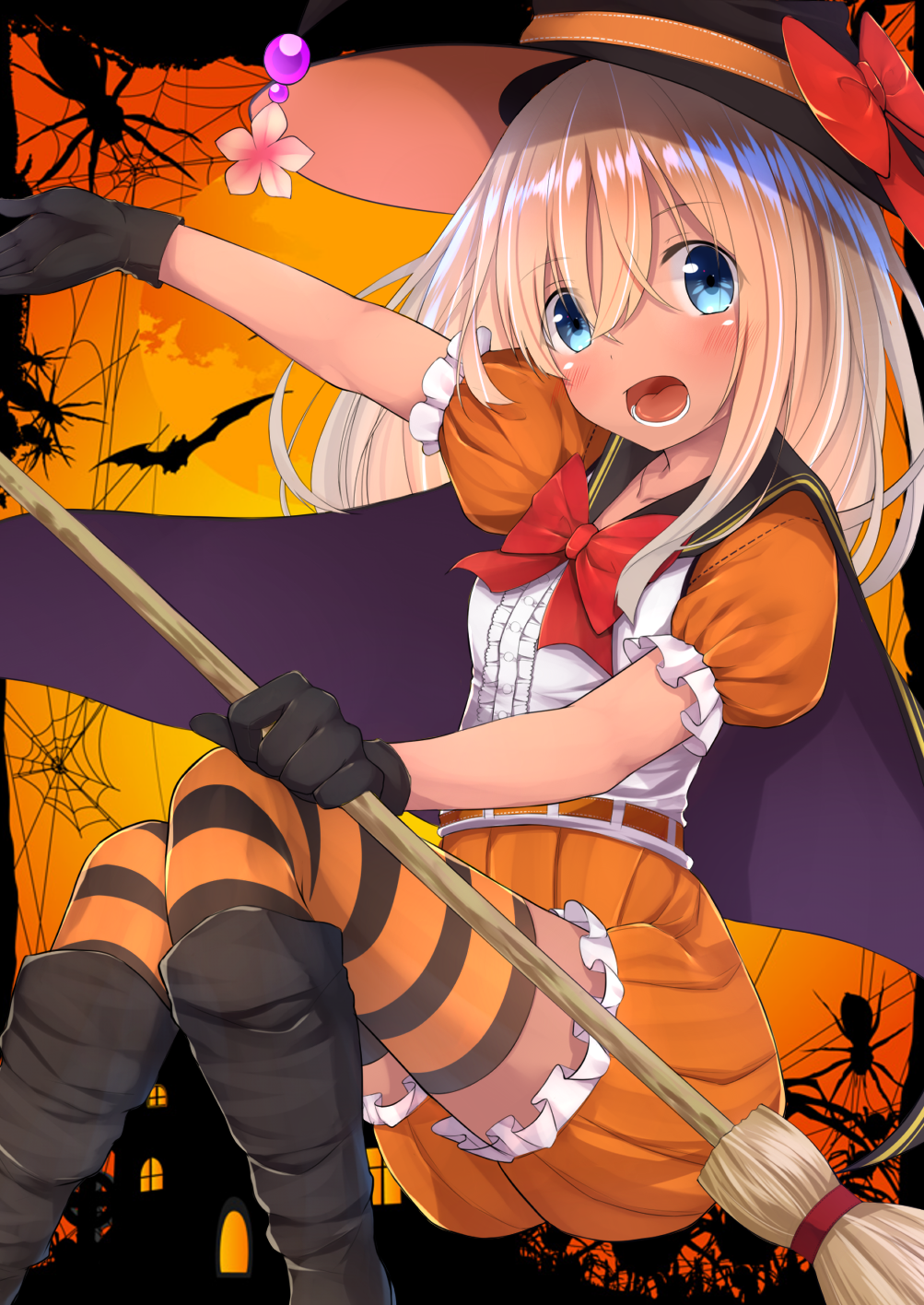 1girl alternate_costume bent_knees black_footwear black_gloves blonde_hair blue_eyes boots bow broom cape collarbone dark_skin eyebrows eyebrows_visible_through_hair frilled_sleeves frills from_side gloves go-1 halloween hat highres kantai_collection long_hair looking_at_viewer open_mouth outstretched_arm puffy_short_sleeves puffy_sleeves red_bow ro-500_(kantai_collection) short_sleeves silhouette solo spider striped striped_legwear thigh-highs thighs tongue witch_hat