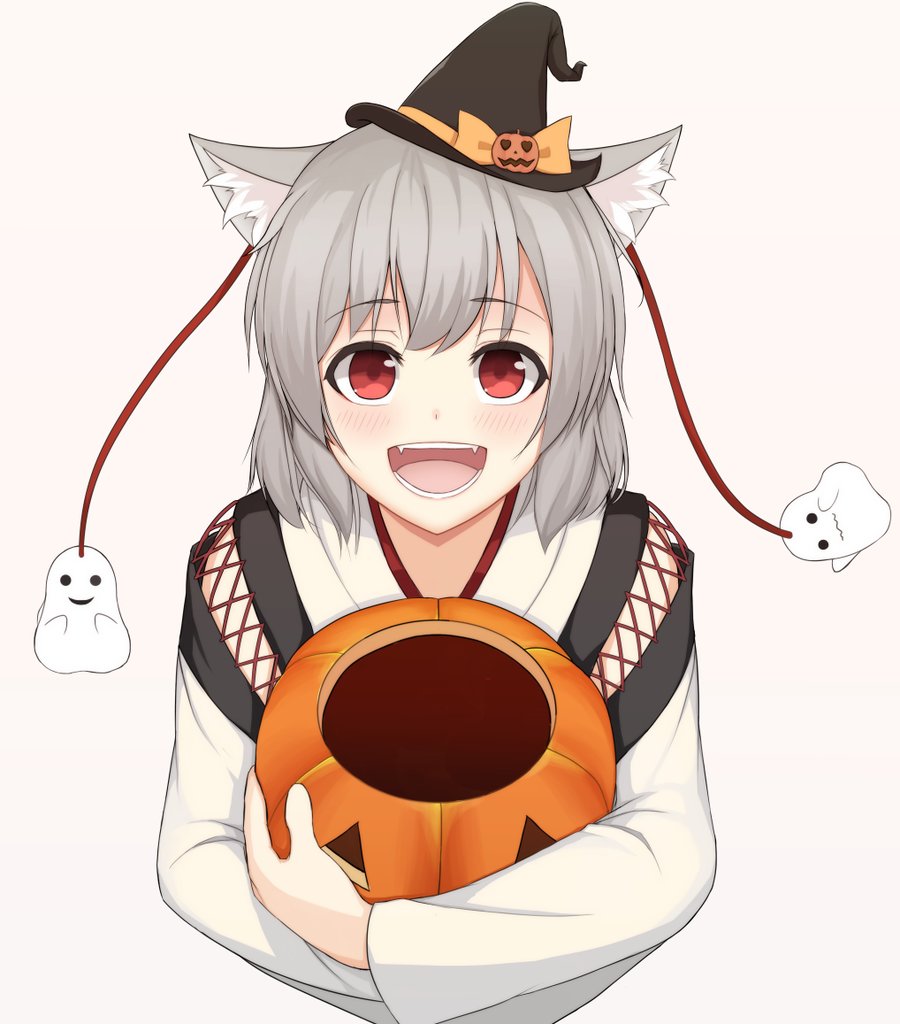1girl :d animal_ears black_hat blush bow detached_sleeves empty fangs ghost grey_hair halloween hat hat_bow inubashiri_momiji jack-o'-lantern long_sleeves looking_at_viewer open_mouth orange_bow ozu_(agito100001) pink_background red_eyes short_hair silver_hair simple_background smile solo touhou upper_body wavy_mouth witch_hat wolf_ears