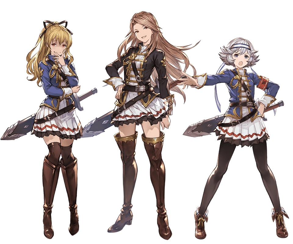 3girls blonde_hair bow bowtie brown_eyes brown_hair catalina_(granblue_fantasy) detached_sleeves farrah_(granblue_fantasy) full_body granblue_fantasy grey_eyes hand_on_hip headband long_hair looking_at_viewer minaba_hideo multiple_girls open_mouth pantyhose pleated_skirt short_hair silver_hair simple_background skirt smile standing sword thigh-highs uniform vira weapon white_background zettai_ryouiki