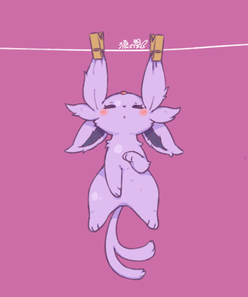 blush clothes_pin clothesline espeon eyelashes forked_tail full_body hanging looking_at_viewer lovewolf5122 no_humans pokemon pokemon_(creature) purple purple_background simple_background solo tail