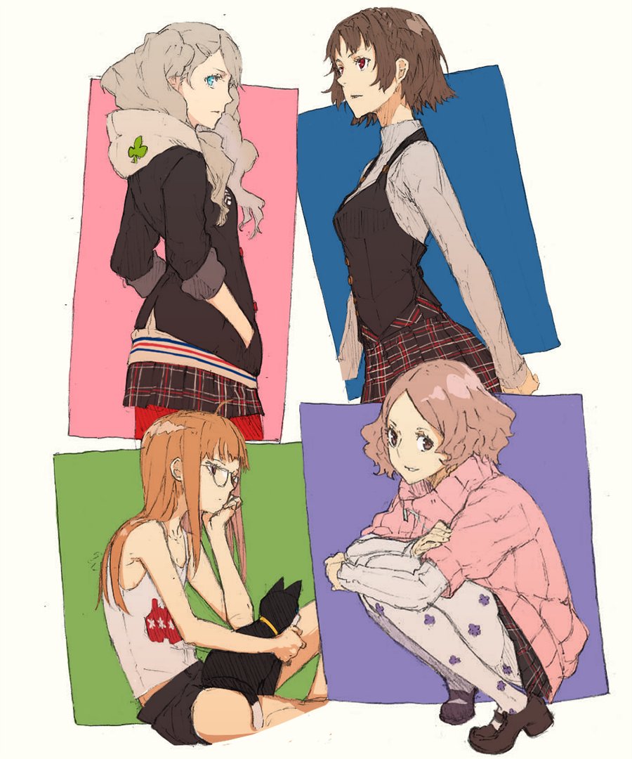 4girls bare_shoulders brown_hair cat green_eyes grey_hair hands_in_pockets hood hoodie morgana_(persona_5) multiple_girls niijima_makoto okumura_haru persona persona_5 red_eyes sakura_futaba squatting takamaki_ann takenisketch