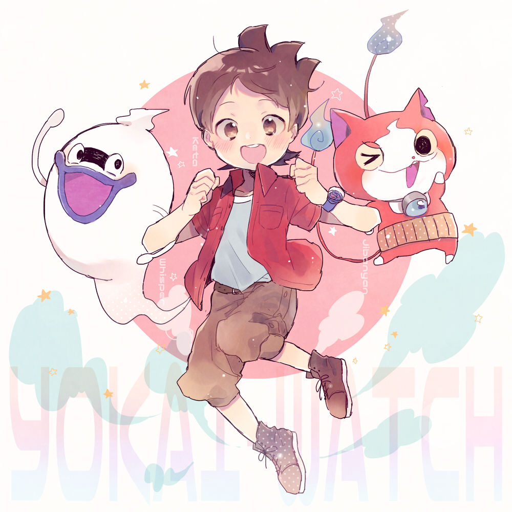 &gt;_o 1boy amano_keita blush brown_hair cat character_name copyright_name fang ghost haramaki jacket jibanyan kouhara_yuyu male multiple_tails notched_ear one_eye_closed open_clothes open_jacket open_mouth red_jacket short_hair tail two_tails watch whisper_(youkai_watch) youkai youkai_watch youkai_watch_(object)