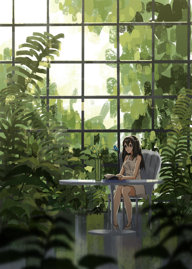 black_hair blue_eyes book butterfly chair ciero dress greenhouse headband idolmaster idolmaster_cinderella_girls open_book plant sagisawa_fumika sitting table