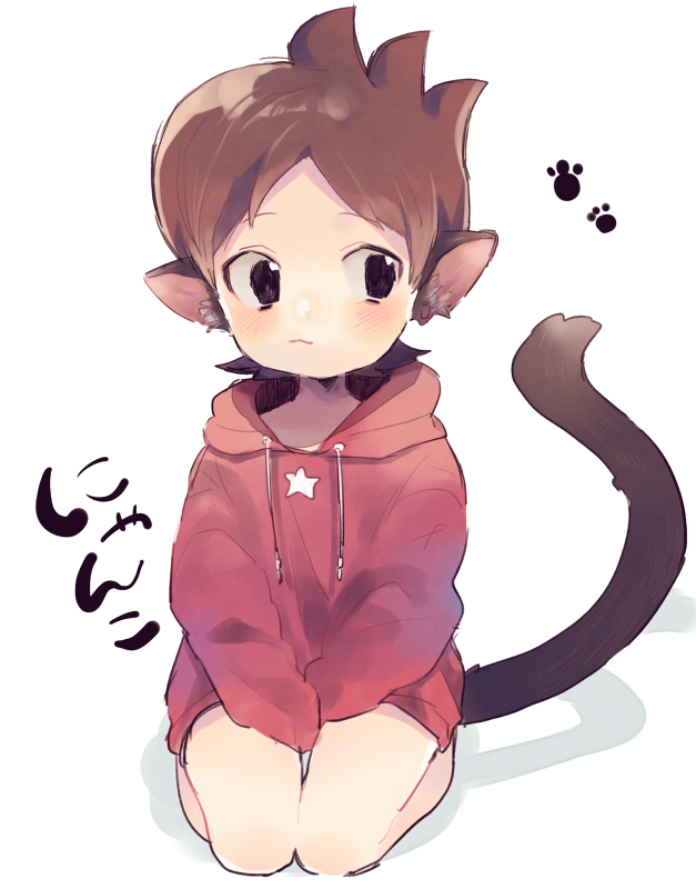 1boy amano_keita animal_ears black_eyes blush brown_hair cat_ears cat_tail hood hoodie kemonomimi_mode kouhara_yuyu male_focus paw_print seiza short_hair sitting solo star tail youkai_watch