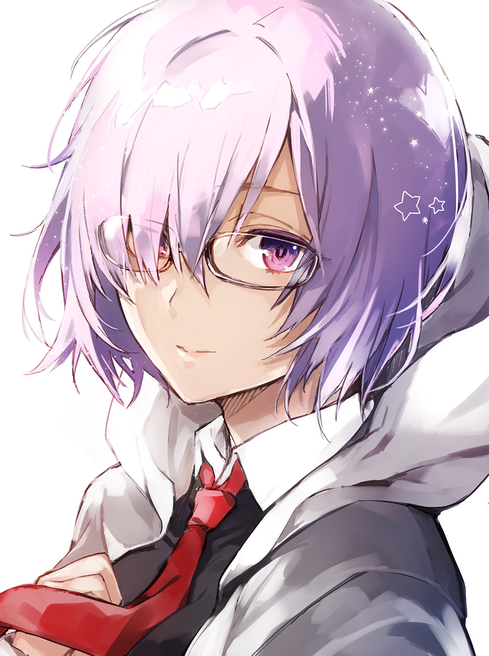 1girl arisaka_ako closed_mouth fate/grand_order fate_(series) glasses hair_over_one_eye highres hood hooded_jacket jacket lavender_eyes lavender_hair necktie portrait red_necktie rimless_glasses shielder_(fate/grand_order) short_hair smile solo white_background