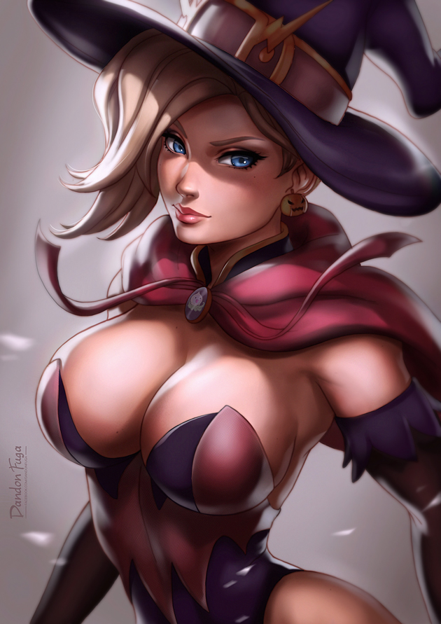 1girl alternate_costume blonde_hair blue_eyes breasts cleavage dandon_fuga hat jack-o'-lantern jack-o'-lantern_earrings looking_at_viewer mechanical_wings mercy_(overwatch) overwatch smile solo upper_body wings witch_hat witch_mercy