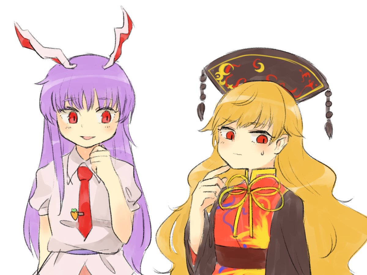 2girls animal_ears bangs black_dress blonde_hair blouse blush chinese_clothes dress height_difference junko_(touhou) long_hair long_sleeves multiple_girls necktie pom_pom_(clothes) purple_hair rabbit_ears red_eyes red_necktie reisen_udongein_inaba ribbon sasa_kichi short_sleeves simple_background smile sweatdrop tabard touhou upper_body very_long_hair white_background white_blouse wide_sleeves yellow_ribbon
