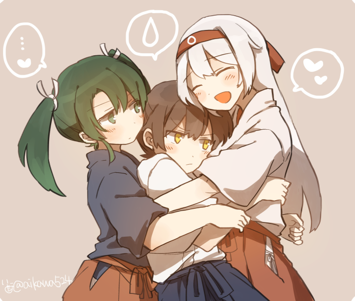 ... 3girls beige_background blush_stickers brown_hair closed_eyes commentary_request girl_sandwich green_eyes green_hair hair_ribbon hairband head_on_head heart hug ina_(1813576) japanese_clothes kaga_(kantai_collection) kantai_collection long_hair multiple_girls open_mouth ribbon sandwiched shoukaku_(kantai_collection) side_ponytail simple_background spoken_ellipsis spoken_heart spoken_sweatdrop sweatdrop twintails twitter_username white_hair yellow_eyes zuikaku_(kantai_collection)