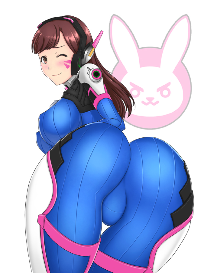 1girl ;) arched_back ass bangs bent_over blush bodysuit boots breasts brown_eyes brown_hair covered_nipples cowboy_shot d.va_(overwatch) eyelashes facepaint facial_mark from_behind gloves headphones high_collar large_breasts leaning_forward legs_together lips lipstick long_hair long_sleeves looking_at_viewer looking_back makeup one_eye_closed overwatch pauldrons pilot_suit pink_lips ribbed_bodysuit shoulder_pads skin_tight skindentation smile solo thigh-highs thigh_boots thigh_gap thigh_strap turtleneck whisker_markings white_boots zetxsuna