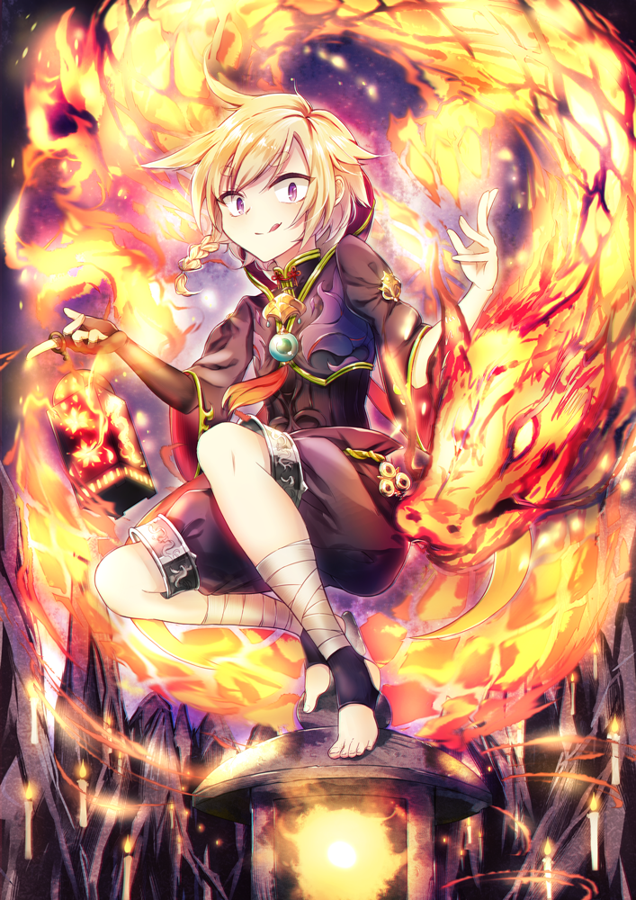 1girl :p ankle_wraps armor barefoot blonde_hair braid crazy_eyes crossed_legs fire flat_chest kaio_(watagami) original pyrokinesis short_hair shorts sitting toeless_socks tongue tongue_out