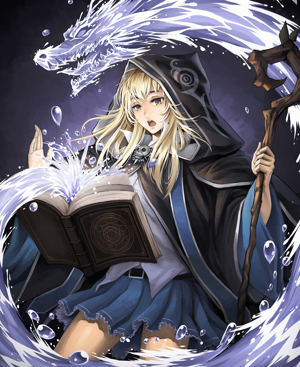 1girl belt blonde_hair blue_skirt book cloak cowboy_shot frills highres holding holding_staff jchoy long_hair long_sleeves magic open_book open_mouth original pleated_skirt skirt solid_circle_eyes solid_oval_eyes solo staff water_dragon wide_sleeves witch yellow_eyes