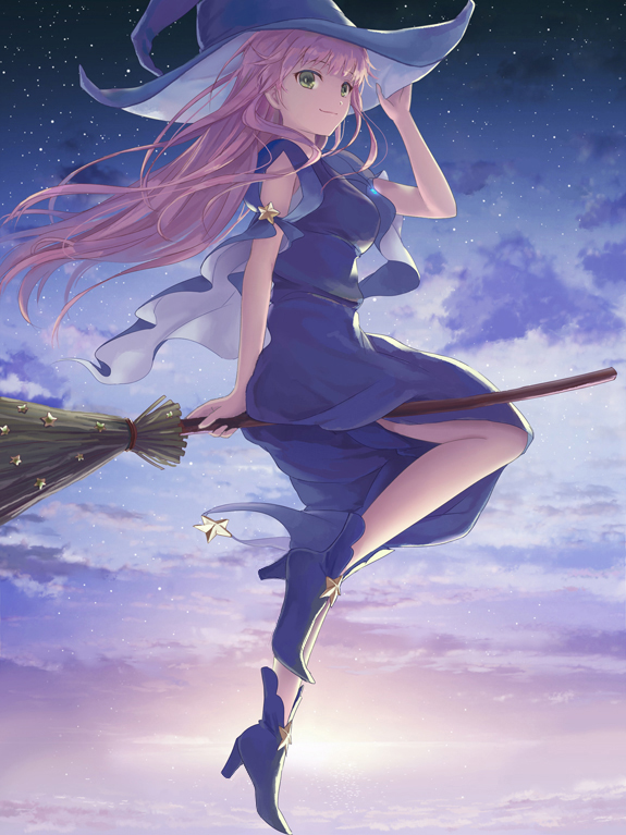 1girl blue_dress blue_hat blue_shoes breasts broom broom_riding brown_hair closed_mouth dress female from_side full_body green_eyes hand_on_headwear hat high_heels light_smile long_hair medium_breasts moai_(aoh) night original shoes sky sleeveless sleeveless_dress solo star star_(sky) starry_sky witch witch_hat