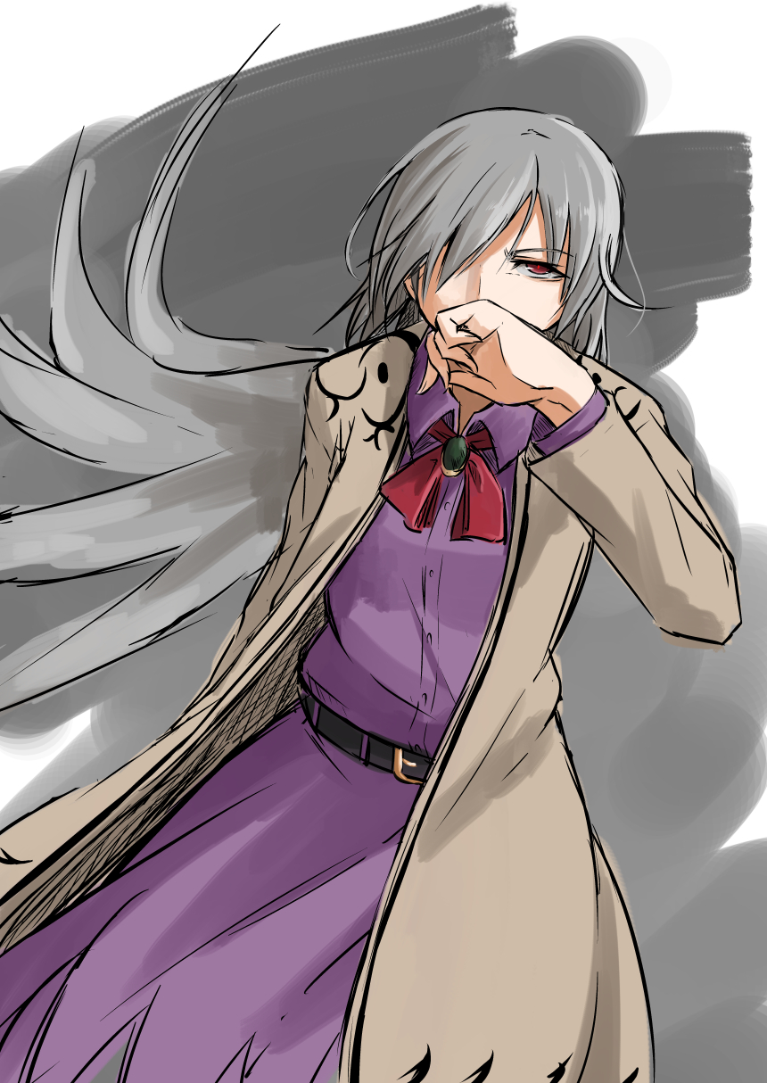 1girl bow bowtie brown_jacket covering_mouth dress feathered_wings grey_hair grey_wings hair_over_one_eye hand_over_own_mouth highres jacket kishin_sagume m92fs open_clothes open_jacket purple_dress red_eyes single_wing solo touhou wings