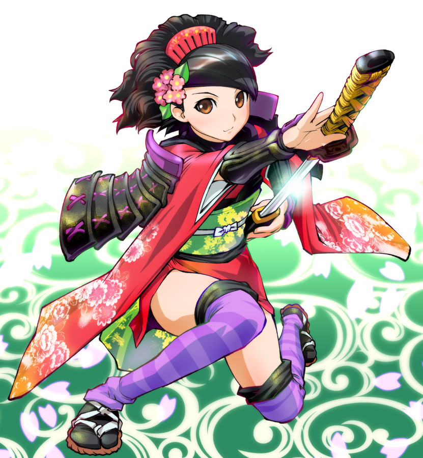 armor black_hair brown_eyes floral_pattern floral_print gauntlets hair_comb japanese_clothes katana kimono kote momohime oboro_muramasa oboro_muramasa_youtouden pose sheath short_kimono sode solo striped striped_legwear striped_thighhighs sword thigh-highs thighhighs ueyama_michirou unsheathing vanillaware weapon yukata