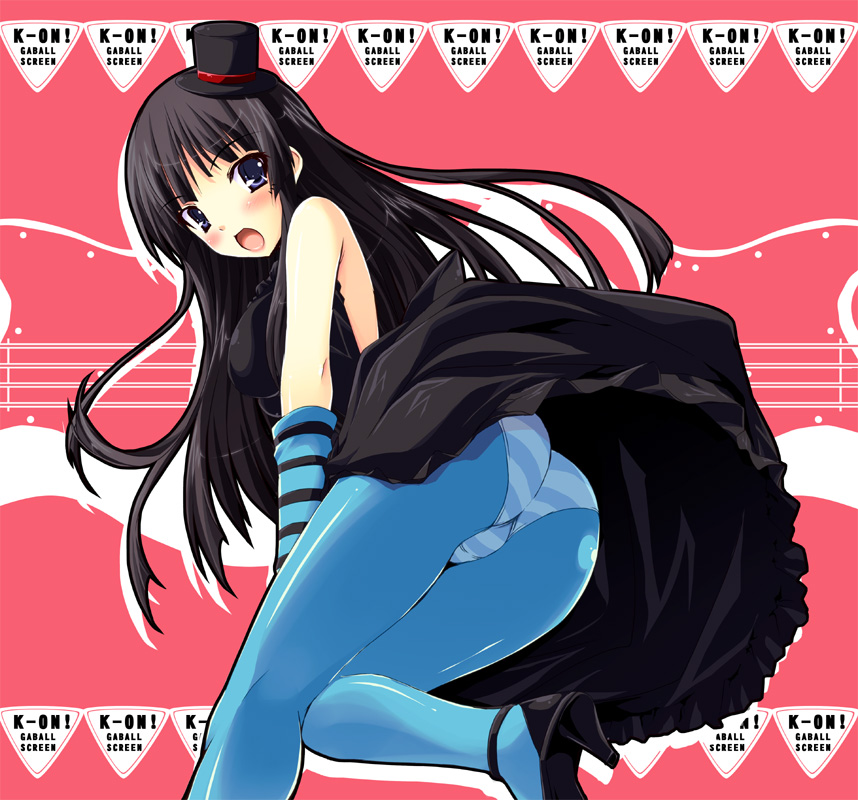 1girl akiyama_mio ass black_hair blue_eyes blue_legwear don't_say_"lazy" don't_say_lazy dress fingerless_gloves gloves hat high_heels k-on! long_hair mini_top_hat panties panties_under_pantyhose pantyhose shoes solo striped striped_panties top_hat underwear yuki_usagi