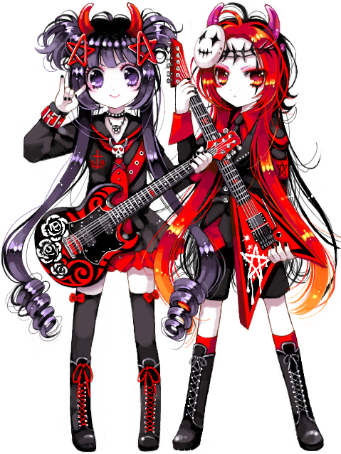 2girls \m/ alex_redgrave boots bows devil drill_hair gothic guitar horns kneehighs long_hair makeup multicolored_eyes original pale ponytail purple_hair redhead ringonaki scar shiny simple_background stars thigh-highs twintails violet_eyes wristband