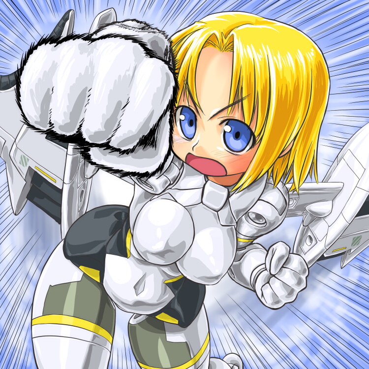 blonde_hair blue_eyes busou_shinki clenched_hands dd_(artist) doll_joints mecha_musume punch punching short_hair