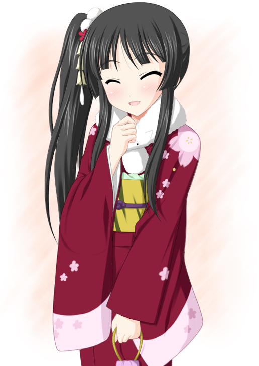 alternate_hairstyle bag black_hair closed_eyes japanese_clothes k-on! kimono long_hair minamori_noeru side_ponytail smile solo