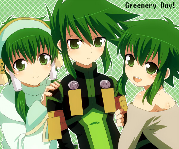 argyle argyle_background aro florian green green_background green_eyes green_hair hair_tubes ion long_hair male multiple_boys smile sync tales_of_(series) tales_of_the_abyss