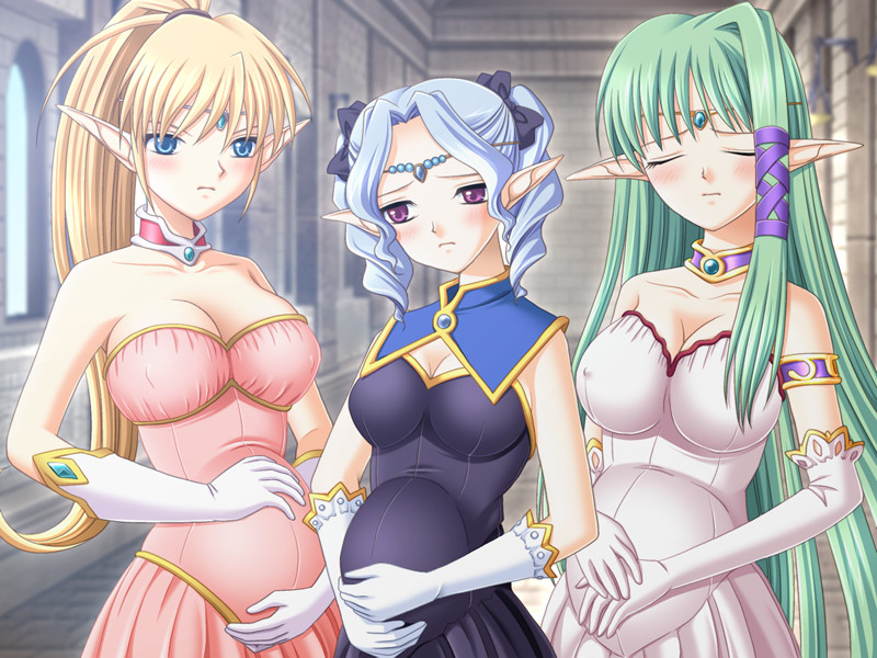 bare_shoulders blonde_hair blue_eyes blue_hair blush breasts choker circlet cleavage curls dress drill_hair elbow_gloves elf erect_nipples closed_eyes frown gloves green_hair hair_ribbon pointy_ears ponytail pregnant ribbon violet_eyes