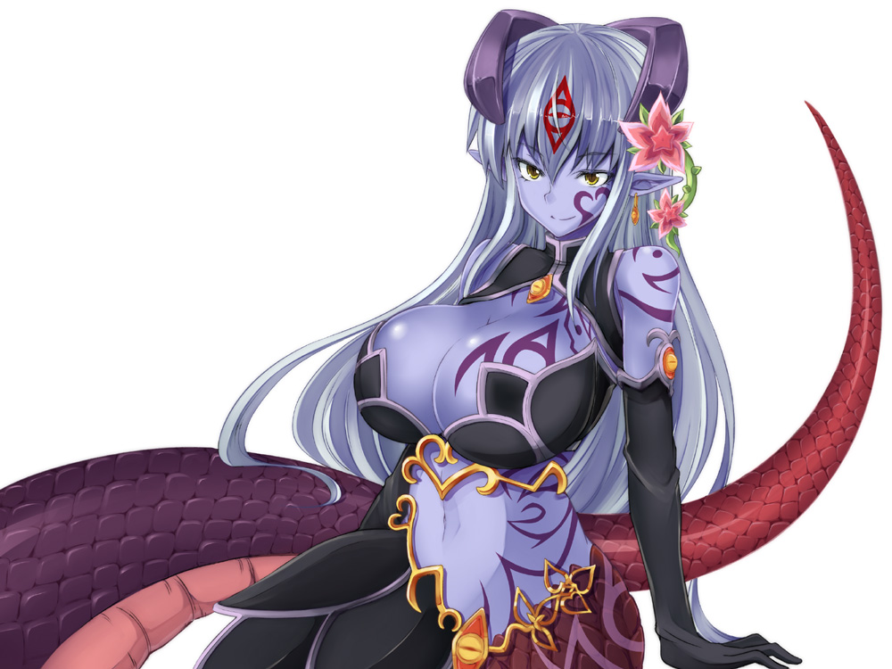 alice_(mon-musu_quest!) alisfieze_fateburn_xvi black_gloves blue_skin breasts cleavage earrings elbow_gloves facial_mark flower gloves hair_flower hair_ornament horns huge_breasts jewelry lamia large_breasts long_hair mon-musu_quest! monster_girl navel pointy_ears scales silver_hair simple_background smile solo tattoo turtleneck very_long_hair yellow_eyes zanku