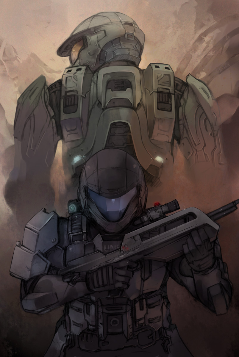 bad_id battle_rifle br55 bullpup gun halo_(game) helmet highres kashiwamochi_yomogi master_chief odst power_suit rifle the_rookie weapon