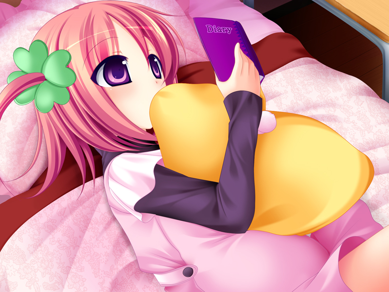 bed child diary hairclip pillow pink_hair pregnant reading twintails violet_eyes