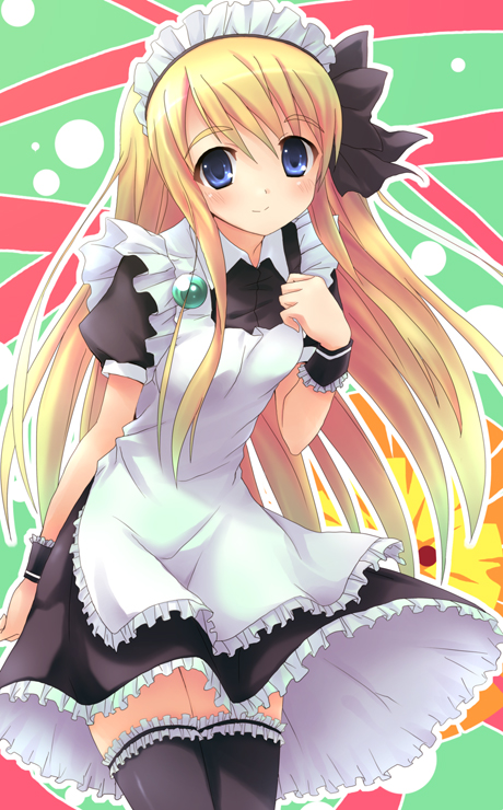 blonde_hair blue_eyes enmaided frills garters k-on! kotobuki_tsumugi kusakami_akira long_hair maid maid_headdress solo thigh-highs thighhighs wrist_cuffs zettai_ryouiki