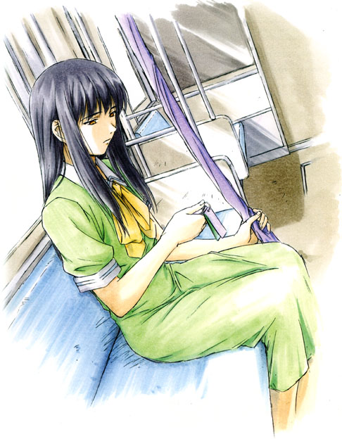 horibe_hiderou interlude long_hair sailor_dress school_uniform sitting solo train train_interior watsuji_aya yellow_eyes