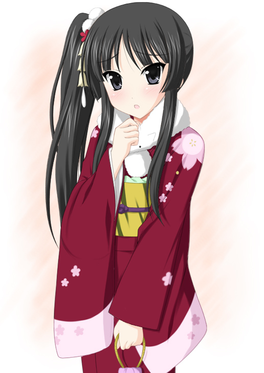 alternate_hairstyle bag black_hair japanese_clothes k-on! kimono long_hair minamori_noeru scarf side_ponytail solo