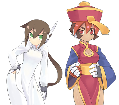 aile atlas breasts brown_hair china_dress chinadress chinese_clothes cleavage cleavage_cutout cosplay dark_skin geung_si gloves green_eyes jiangshi lei_lei lei_lei_(cosplay) lowres multicolored_hair multiple_girls ponytail red_eyes red_hair redhead robot_ears rockman rockman_zx shigehiro_(artist) vampire_(game)