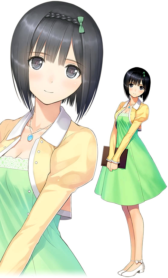 1girl bangs black_hair blush bolero bow closed_mouth dress female full_body green_dress grey_eyes hair_ornament holding jacket jewelry juliet_sleeves long_sleeves looking_at_viewer necklace no_socks shoes short_hair smile solo standing tanaka_takayuki white_footwear white_shoes zoom_layer