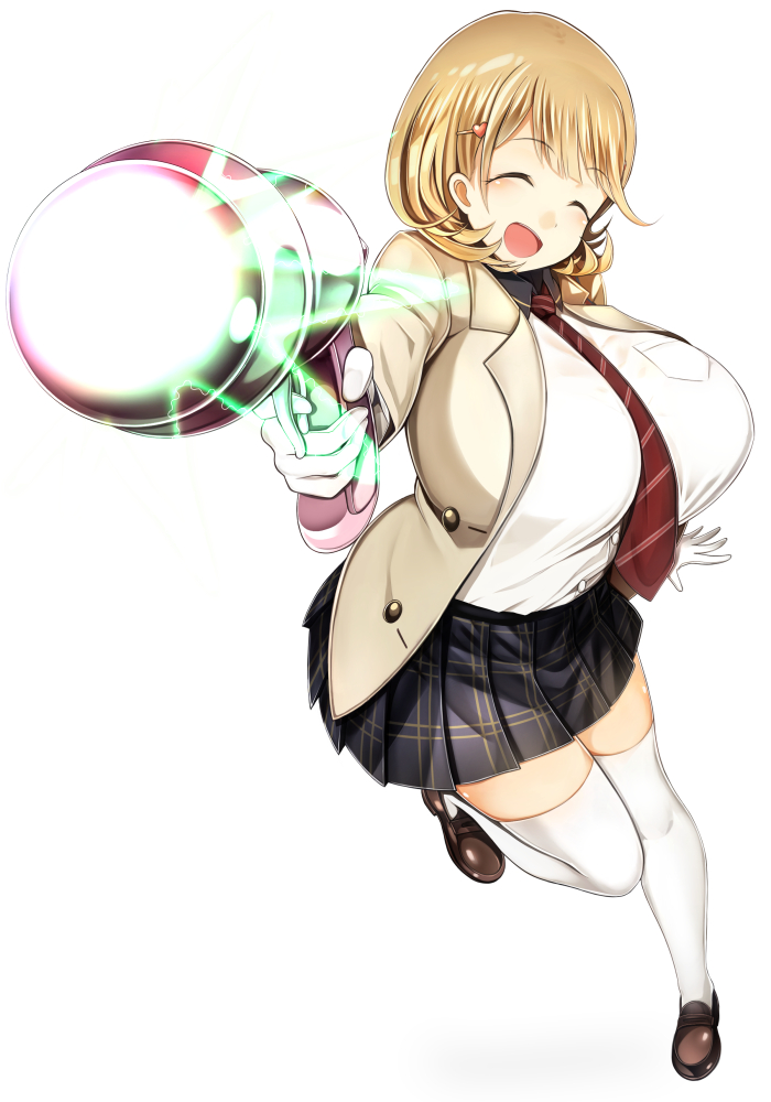 1girl :d ^_^ breasts brown_hair closed_eyes energy_gun gloves hair_ornament hairclip heart_hair_ornament huge_breasts miniskirt narusawa_ryouka occultic;nine open_mouth p_book plaid plaid_skirt ray_gun school_uniform shoes short_hair simple_background skirt smile solo thigh-highs thighs weapon white_background white_gloves white_legwear