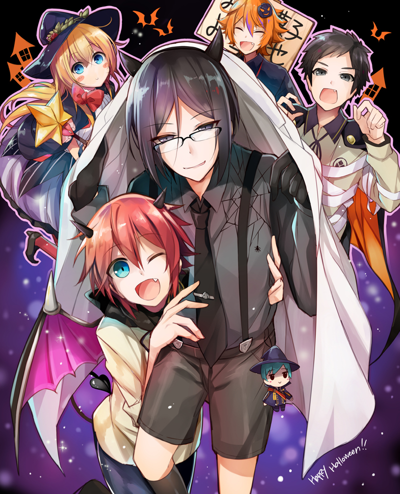 5boys ;d ^_^ atsushi_toushirou bat black_gloves black_hair blonde_hair blue_eyes blush_stickers brown_hair cape closed_eyes demon_horns demon_tail demon_wings dress fang glasses gloves gotou_toushirou grey_eyes halloween happy_halloween hat hirai_yuzuki horns ichigo_hitofuri keychain male_focus midare_toushirou multiple_boys necktie one_eye_closed open_mouth otoko_no_ko red_legwear redhead shinano_toushirou shorts silk smile spider spider_web suspenders tail touken_ranbu violet_eyes wand wings witch_hat yagen_toushirou