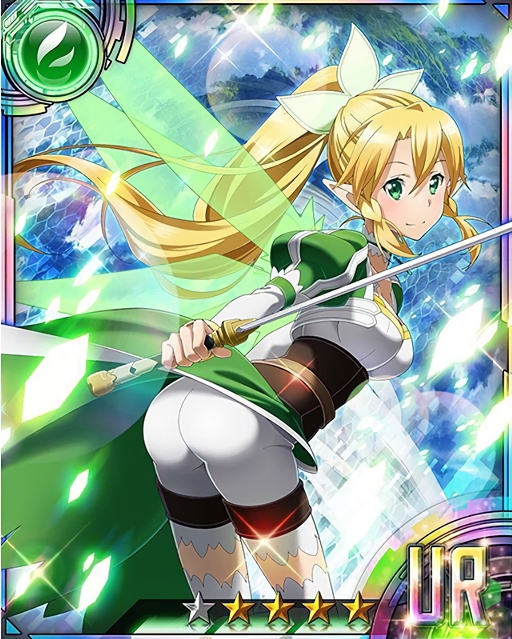 1girl ass blonde_hair card_(medium) green_eyes green_wings hair_between_eyes hair_ornament high_ponytail holding holding_sword holding_weapon leafa leaning_forward long_hair looking_at_viewer pointy_ears shorts solo star sword sword_art_online thigh-highs weapon white_legwear white_shorts wings