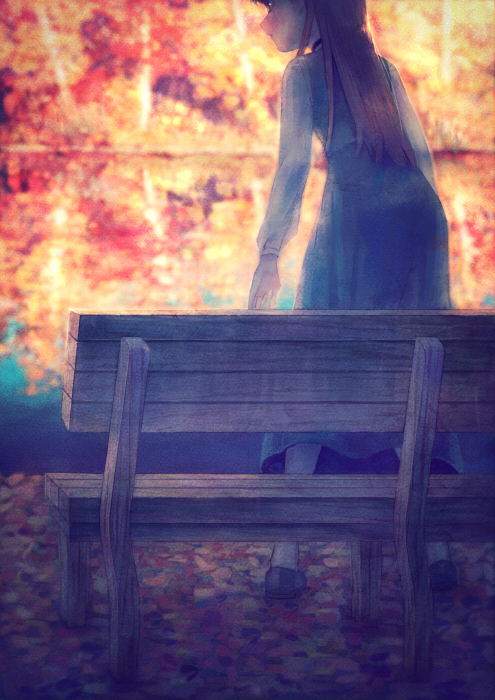 1girl autumn_leaves backlighting bench blurry depth_of_field dress lake light_brown_hair long_hair looking_to_the_side namihaya original park profile reflection tree water