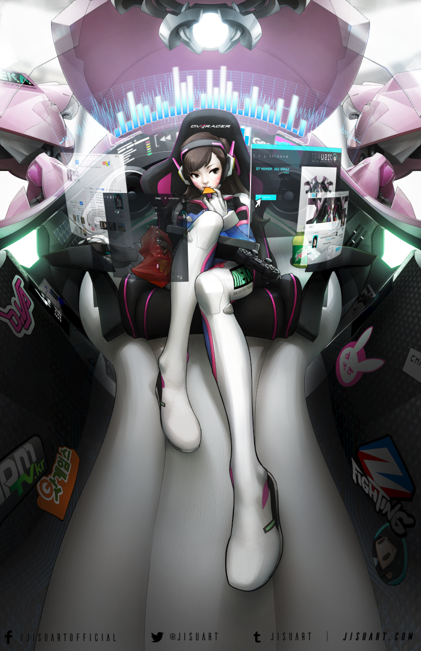 1girl bag_of_chips bodysuit brown_hair chair cockpit controller d.va_(overwatch) eating game_controller highres holographic_interface jisuart overwatch perspective pilot_suit sitting solo