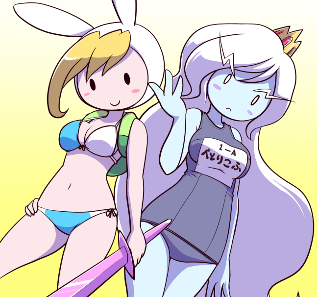 2girls adventure_time animal_hood backpack bag bikini blonde_hair blush breasts bunny_hood cleavage cowboy_shot eyebrows eyebrows_visible_through_hair fionna frown hand_on_hip hood ice_queen large_breasts long_hair multiple_girls nollety one-piece_swimsuit school_swimsuit school_swimsuit_flap side-tie_bikini smile swimsuit sword weapon white_hair