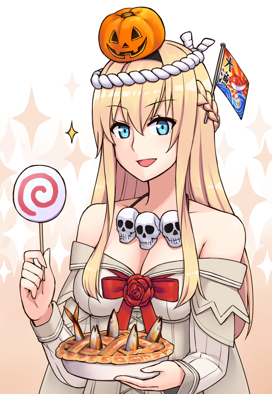 1girl blonde_hair blue_eyes bowl braid breasts candy cerasus cleavage dress fish flag french_braid hachimaki headband highres jewelry kantai_collection lollipop long_hair long_sleeves necklace nejiri_hachimaki off-shoulder_dress off_shoulder pie pumpkin_on_head red_ribbon ribbon rope saury skull solo stargazy_pie warspite_(kantai_collection) white_dress